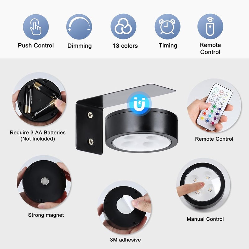KELUOLY 4-Pack Wireless Battery Operated Painting Light with Remote Control,13 Color RGB Magnetic Led Art Display Light for Picture Frame, Dimmable and Timer Painting Light, Wall Decor Black display light - Image 3